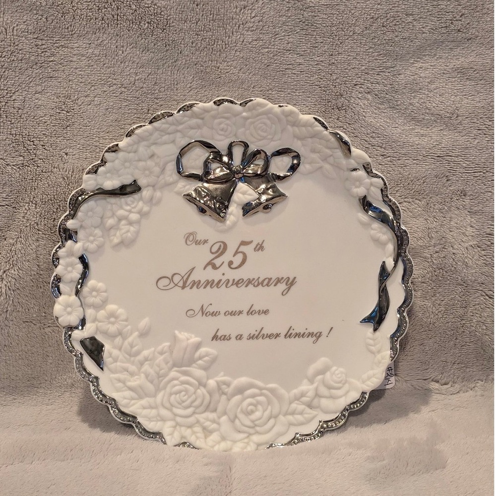 Enesco‎ 25th Anniversary Plate Silver Lining Porcelain Rose Scalloped Rim 602779